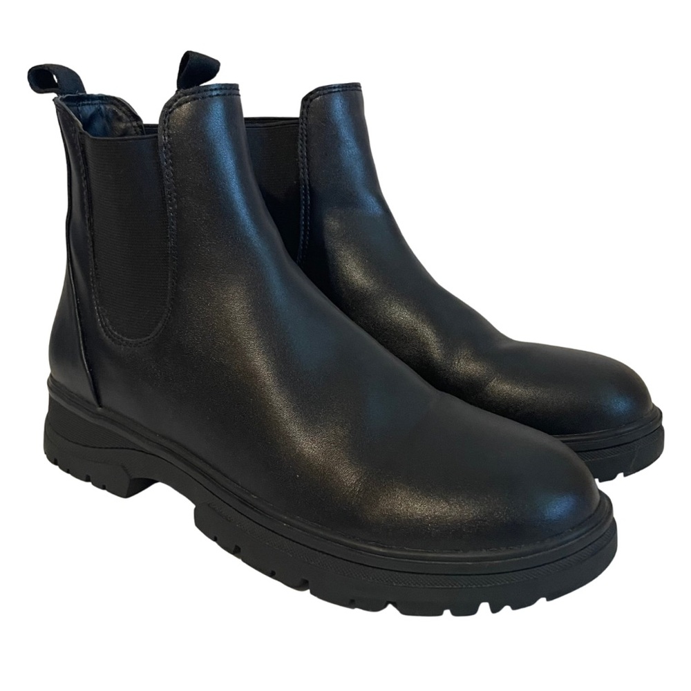 Steve Madden Chelsea Boots Black Leather Gore Elastic Pull On Lug Women’s Size 8